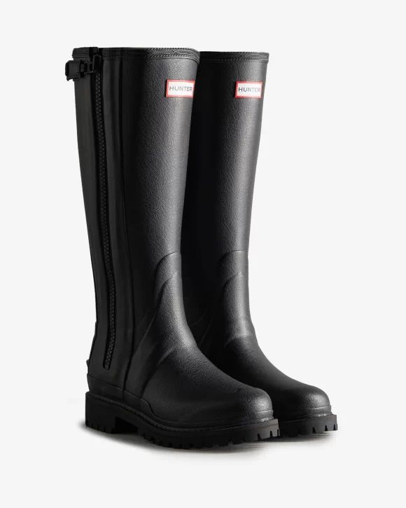 Hunter-Women's Balmoral Commando Rubber Zip Tall Rain Boots-Black