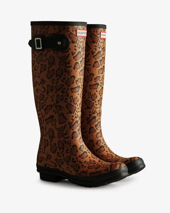 Hunter-Women's Leopard Print Tall Rain Boots-Rich Tan/Saddle/Black