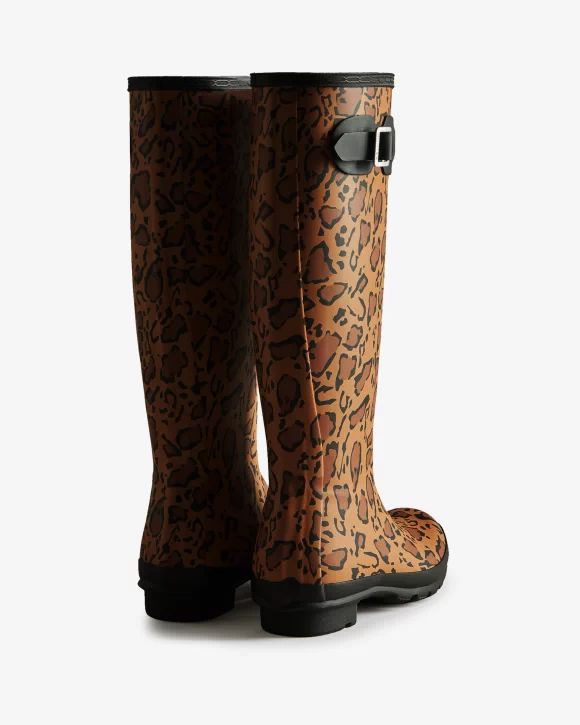 Hunter-Women's Leopard Print Tall Rain Boots-Rich Tan/Saddle/Black